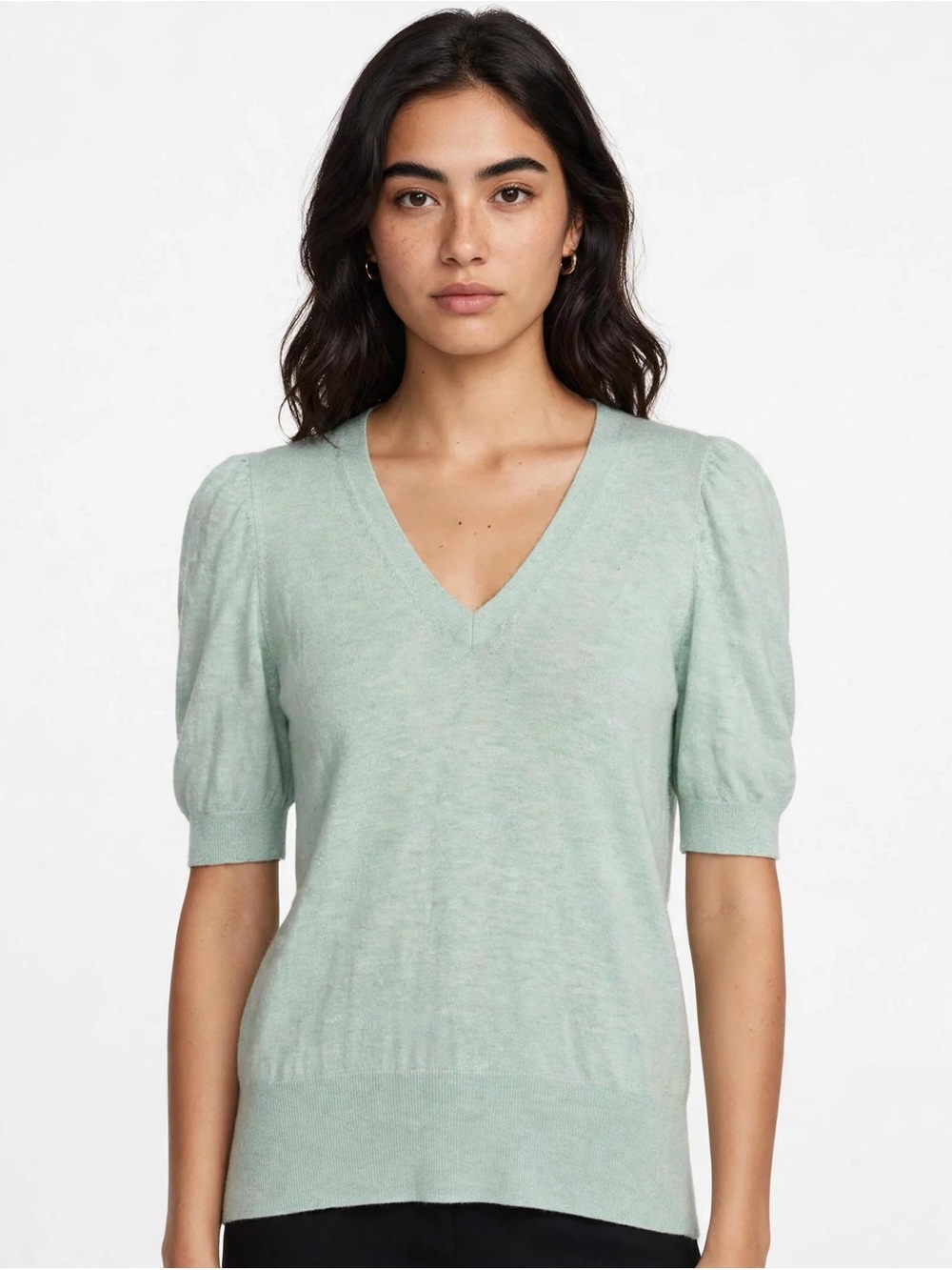 White House Black Market cashmere Mint V-Neck Puff Sleeve Sweater M.